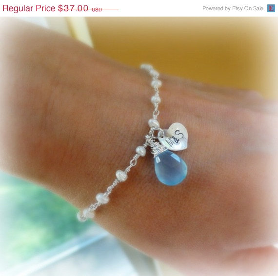 Hochzeit - FLASH SALE Something Blue Bracelet with Bride & Groom initials, Couples initials,Personalized pearl bracelet, Wedding jewelry for the bride
