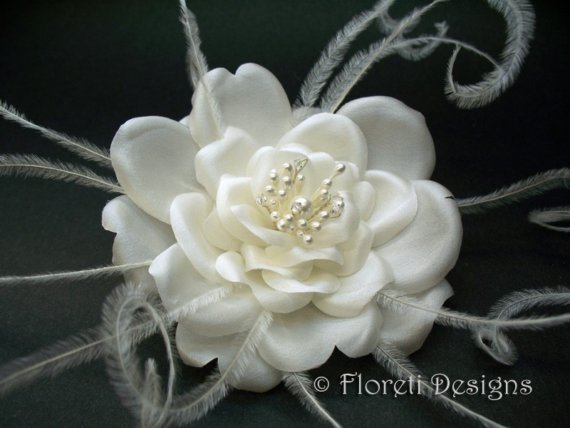 Wedding - Silk Rose Feather Bridal Hair Flower Accessory Off White