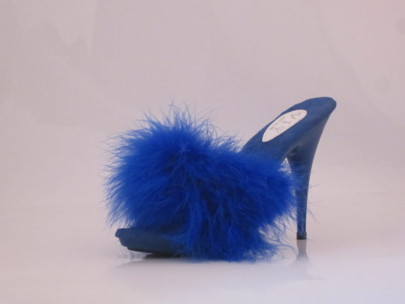 زفاف - VIP 5 inch Handmade Blue Marabou Boa Slippers High Heel Sandals Woman Shoes (Other Platform Heights Available!)