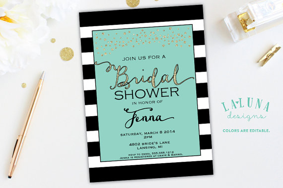 Wedding - Black & White Stripe Bridal Shower Invitation, Gold Polka Dots, Glitter Bridal Shower Invite, Stripes Baby Shower Invitation, DIY Printable