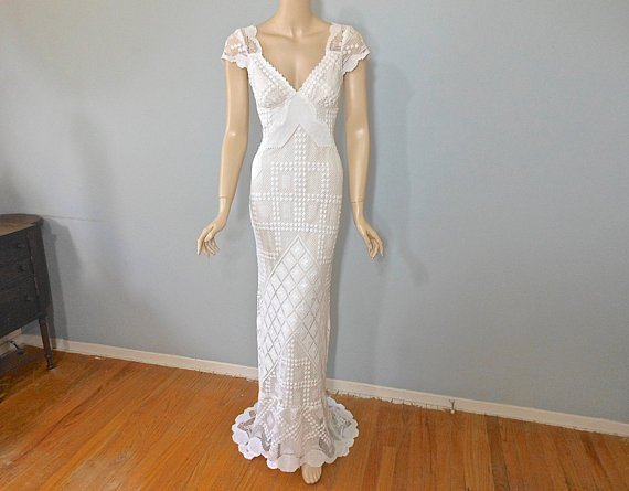 Mariage - Hippie Boho WEDDING Dress, Crochet Lace Wedding Dress, Simple WEDDING dress, Beach Wedding Dress Sz Small