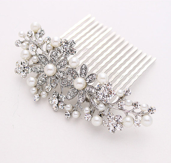 Mariage - Bridal Hair Piece Crystal Pearl Comb Gatsby Old Hollywood Wedding Rhinestone Silver Headpiece Jewelry Hair Accessory