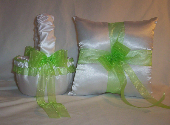 Wedding - White Satin With Lime Green Ribbon Trim Flower Girl Basket And Ring Bearer Pillow