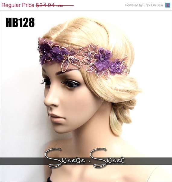 Mariage - 40% SALE Flapper Headband, 1920s Headband, Lace flower headband, bridal headband, wedding accessories, Race Fascinator, Purple Flower headba