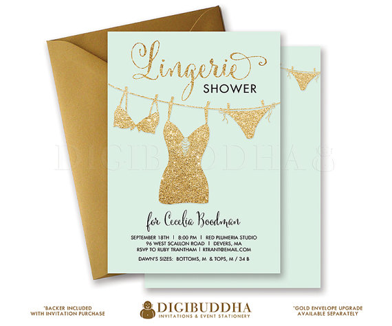 Mariage - MINT + GOLD LINGERIE Shower Invitation Ming Green Gold Glitter Calligraphy Bachelorette Modern Glam Free Shipping or DiY Printable- Cecelia