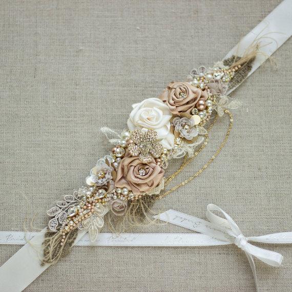 Mariage - Bridal sash, Burlap Rustic Gold Blush Rose Tan Champagne wedding belt, Narrow thin Vintage antiqued bridal sash, natural flowers