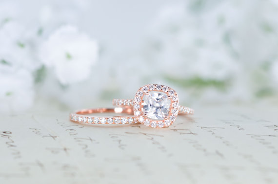 Hochzeit - Halo Wedding Ring Set - Cushion Cut Ring - Engagement Ring - Rose Gold Ring - Sterling Silver Ring