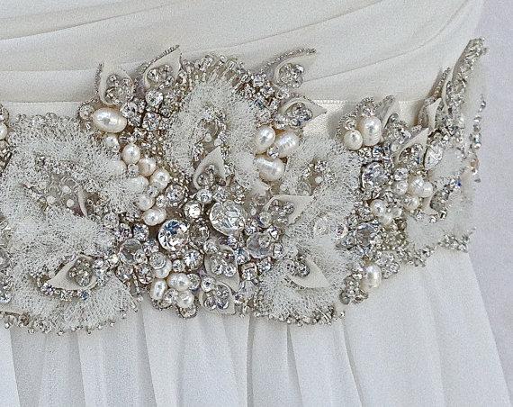 زفاف - Beaded Bridal Sash-Wedding Sash In Ivory With Crystals, Genuine Pearls And Tulle, Wedding Dress Sash, Bridal Belt, COLOR CHOICES