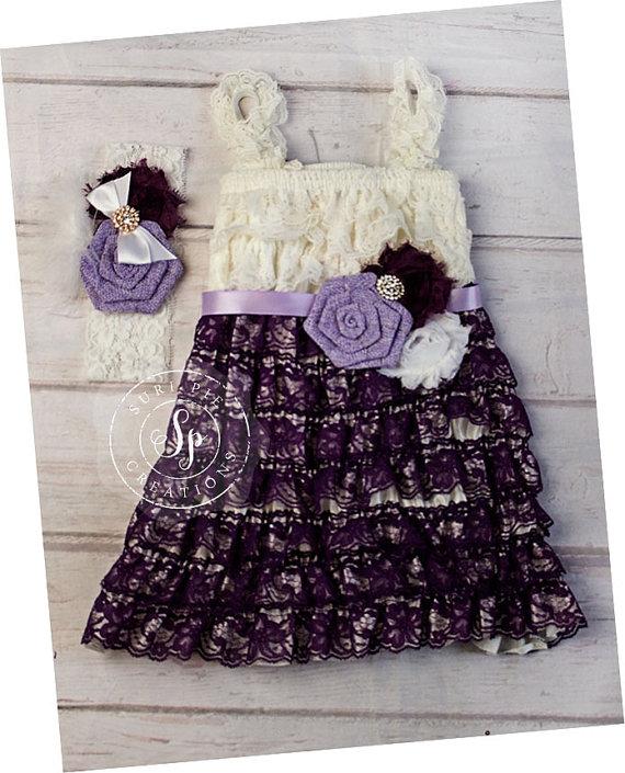 Mariage - Petti Lace Dress..Plum Lace Dress..Flower Girl Dress...Birthday Outfit...Petti Lace Dress..Cowboy Flower Girl...Plum White Sash..Headband