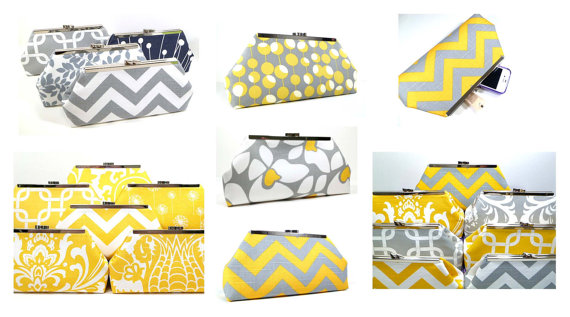 Свадьба - Bridesmaid Clutch Bridesmaid Gifts Wedding Party Clutch Purse Bags Custom Personalized Gifts - You Choose Fabrics Gray Yellow Set of 8
