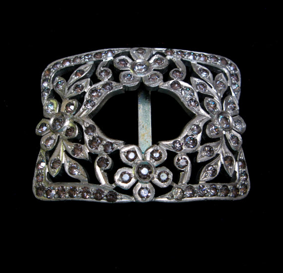 Mariage - VINTAGE Antique Shoe BUCKLE French Paste RHINESTONE Shoe Clip Art Deco Belt Scarf Belt Sash Silver Crystal Wedding