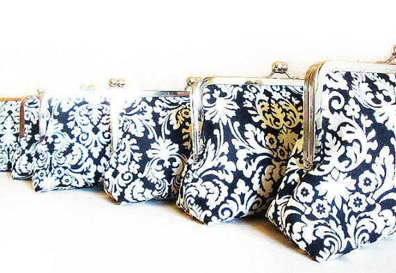 Mariage - Set of 7 Black Damask Bridesmaids Gifts Purses Personalized Wedding Clutches  Gift Set Kisslock
