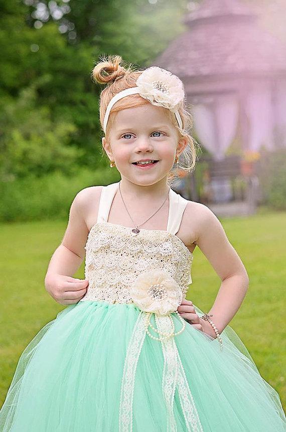 Hochzeit - Mint and Ivory Lace Flower Girl Dress