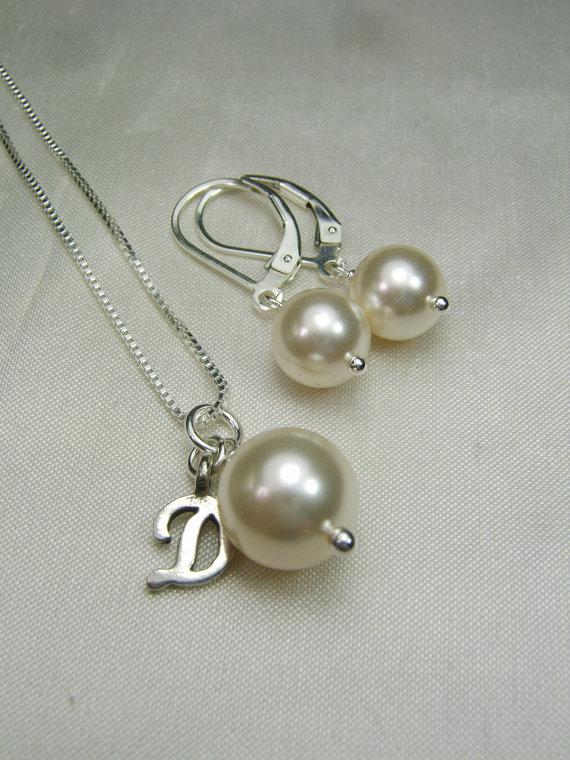 Mariage - Bridesmaid Jewelry Set of 8 Pearl Bridesmaid Necklace Earrings Bridesmaid Gift Bridal Necklace - Ivory Wedding Jewelry Set