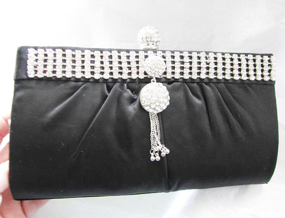 Hochzeit - SALE Black Fabric Bridal Wedding Bag Clutch Formal Wear Austrian Crystal Accents