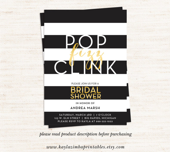 Hochzeit - Pop Fizz Clink Wedding Shower Invitation, Striped Bridal Shower Invitation, Gold Bride to be, Pop Fizz Clink Bridal Invite