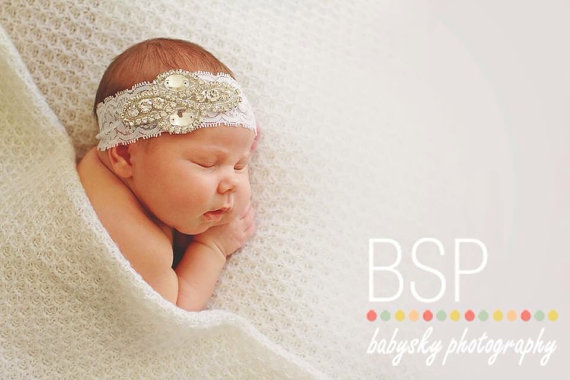 زفاف - White Lace Rhinestone Baby Headband Perfect for Christenings, Weddings, Special Occasions or Photo Prop. Can be Made on Other Color Bands