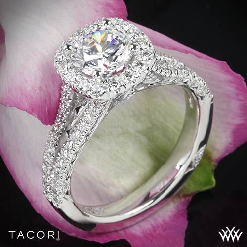 Mariage - 18k White Gold Tacori HT2548CU Petite Crescent Split Shank Halo Diamond Engagement Ring