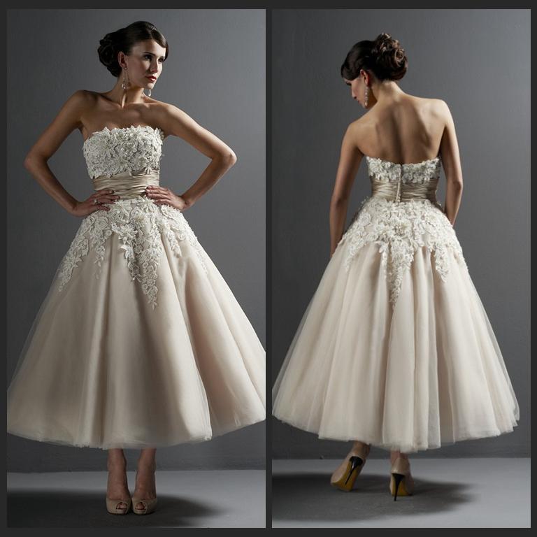 Свадьба - JUSTIN ALEXANDER New Custom Made Strapless Wedding Dresses Tea Length Applique Beaded Tulle Beach Dress 2015 Online with $102.36/Piece on Hjklp88's Store 