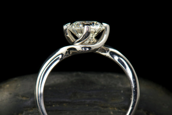 Wedding - Jaslenne - Solitaire Engagement Ring with Round Brilliant Moissanite and Twist Head Design in White Gold