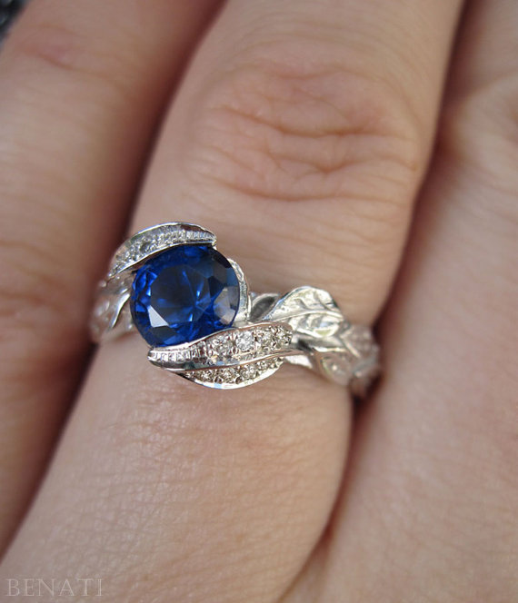 Wedding - Sapphire Leaf Engagement Ring, Leaf Sapphire Ring, White Gold Diamond Leaves Ring With Lab Sapphire, Natural Floral Leaves Ring, leaf ring