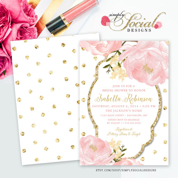 Wedding - Romantic Garden Peonie Flowers Blush Pink and Gold Polka Dots Bridal Shower Invitation Double Sided Printable