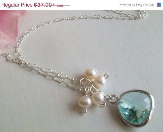 Hochzeit - 4th of July SALE Aqua Pearl Necklace Prasiolite Erinite Light green Pendant Necklace Freshwater pearl wire wrapped pearl silver necklace, we