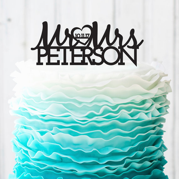 زفاف - Personalized Wedding Cake Topper - Personalized Mr and Mrs Name and Date - Heart - Acrylic Cake Topper