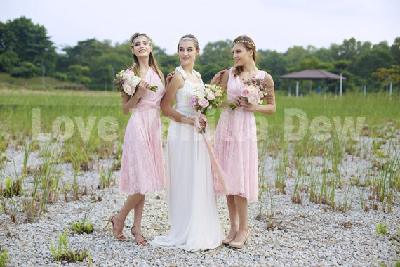 زفاف - Bridesmaid Dress Infinity Dress Soft Pink Lace Knee Length Wrap Convertible Dress Wedding Dress