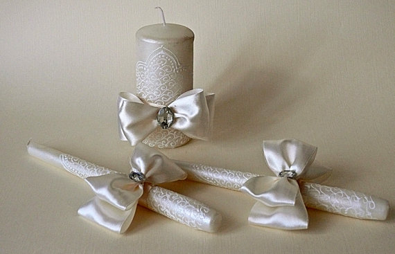 Hochzeit - LACE Ivory Wedding Unity Candle personalization pillar candleIvory & white theme Ivory WeddingLACE Wedding3pcs