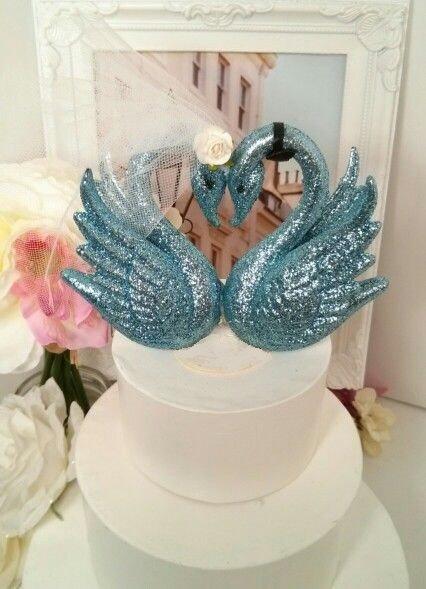 Mariage - SALE blue glitters swan  wedding cake topper