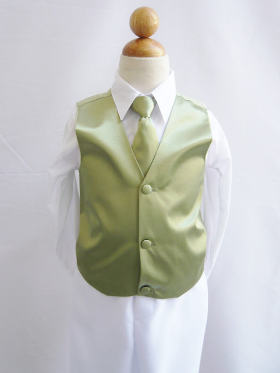 زفاف - Boy Vest with Long Tie in Green Sage for Ring Bearer, Communion, Wedding in Size 12, 14, 16 only