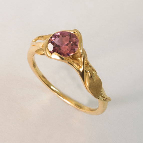 زفاف - Leaves Engagement Ring No. 6 - 14K Gold and Tourmaline engagement ring, unique engagement ring, leaf ring, filigree, art nouveau, vintage