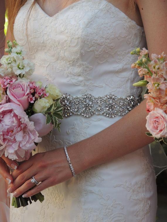 Hochzeit - Bridal Belt. Wedding Gown Sash. Pearls, Swarovski Crystals, Rhinestones, Beads.  Finished with Swiss Satin Ribbons. "Melissa" Size XL