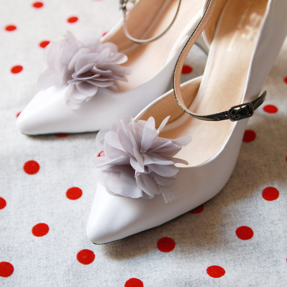 Hochzeit - Grey Gray Chiffon Flower Shoe Clips - Wedding Shoes Bridal Couture Engagement Party Bride Bridesmaid