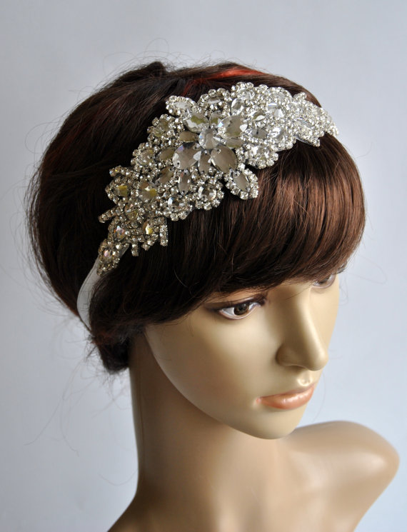 Hochzeit - Glamour  Rhinestone Headband, Bridal Headband, Wedding Headpiece, Fascinator, Ribbon tie on Bridal Headband,wedding bridesmaid headband