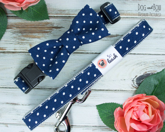 زفاف - Navy Polka Dot Dog Collar and Removable Bow Tie by Dog and Bow