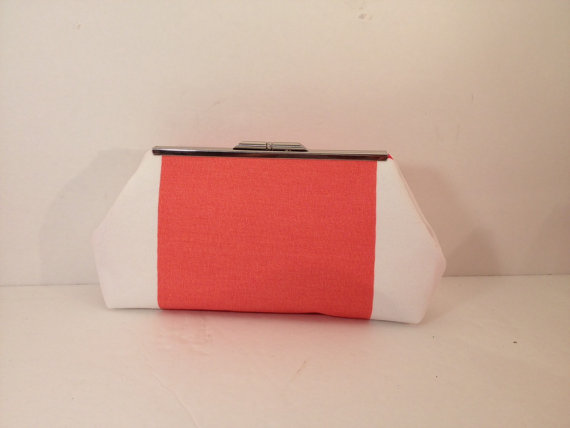 Wedding - Coral and White Print Clutch with Silver Tone Finish Snap Close Frame; Bridesmaid clutch, Bridal Gift, Wedding