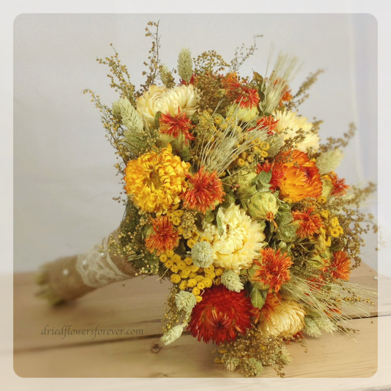 زفاف - Prairie Sunset Collection - Natural Dried & Preserved Wedding Bouquet - Bridal Bouquets - orange, cream, sage, yellow - Rustic Fall Wedding