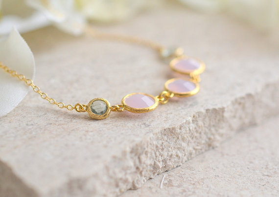 زفاف - Fashion Jewel Statement Necklace in Charcoal Grey and Soft Pink. Gold Jewel Fashion Jewelry. Bridal Party Jewelry.