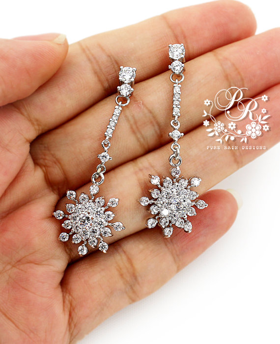 Hochzeit - Wedding Earrings Zirconia Snowflake Earrings Wedding Jewelry Bridal Earrings Christmas Earrings Snowflake Jewelry Bridesmaid Gift Bridal