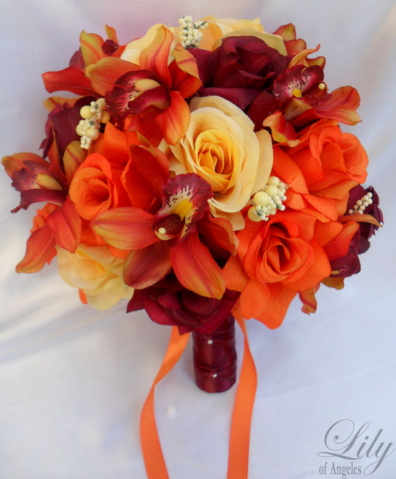 زفاف - 17 Piece Package Wedding Bridal Bride Maid Bridesmaid Bouquet Boutonniere Corsage Silk Flower ORANGE BURGUNDY YELLOW Lily of Angeles  ORYE03