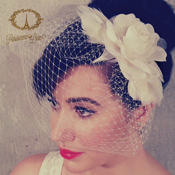 Wedding - Feather Hair Clip, Bridal Accessory, Bridal Flower Hairclip, Fascinator, Floral & Feather Bridal Hair Accessory, Birdcage Veil, "GABRIELLE"