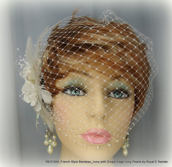 Wedding - French Style Bandeau Style Birdcage Veil - Adorned with White or Ivory Pearls