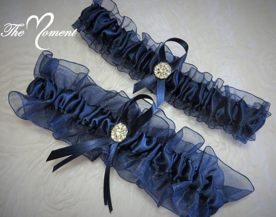 زفاف - Navy Blue Garter Set, Keepsake and Toss-away Garter Set, Ribbon Garter, Prom Garter, Organza Garter, Bridal Garter, Wedding Garter