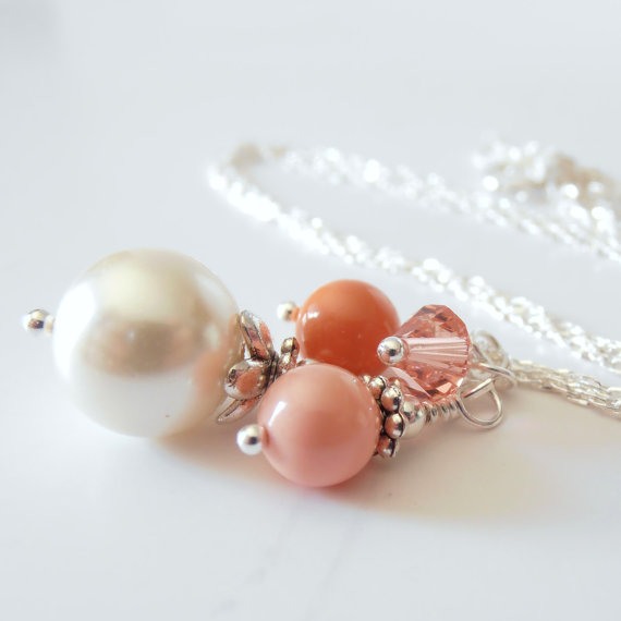 Mariage - Coral Pearl Necklaces for Bridesmaids, Bead Cluster Necklace, Coral Wedding Jewelry Sets, Bridesmaid Necklaces, Swarovski Elements, Silver