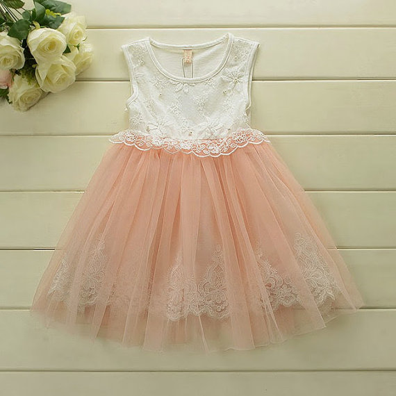 Wedding - Blush Pink & Ivory Tulle Lace Girl Dress - flower girl wedding dress, wedding tulle dress, lace flower girl dress, baby girl birthday dress