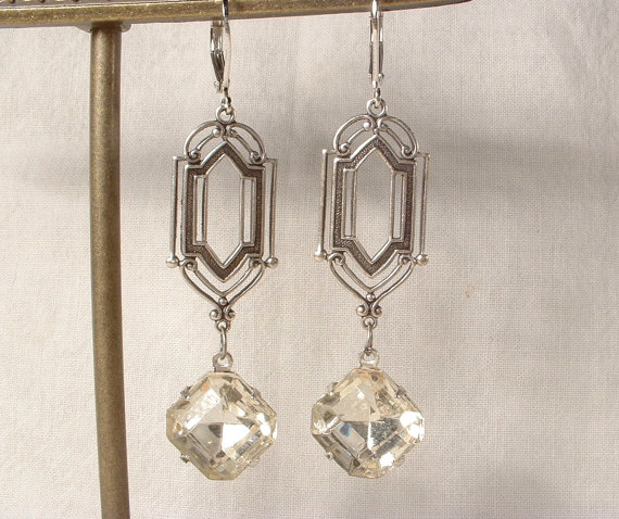 Hochzeit - Vintage Art Deco Rhinestone Dangle Earrings, Long Square Clear Crystal Antique Silver Bridal Drops, Flapper Gatsby Bridesmaid 1920s Jewelry