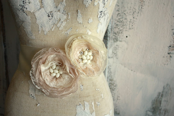 Wedding - Champagne lace bridal sash, Champagne wedding sash, fabric flower dress sash for bride with champagne satin ribbon