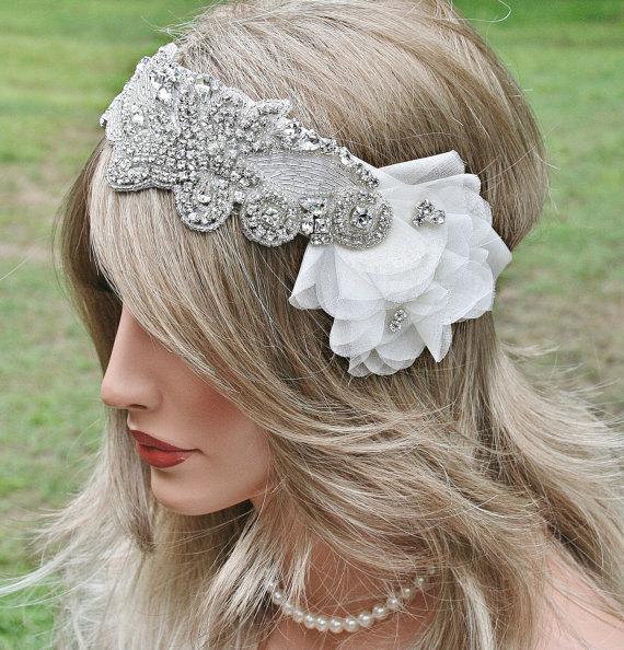Hochzeit - Rhinestone Wedding Headband, Crystal Bridal Headband, Wedding Headpiece, Rhinestone Floral Ribbon Headband, 1920s Glam, Great Gatsby